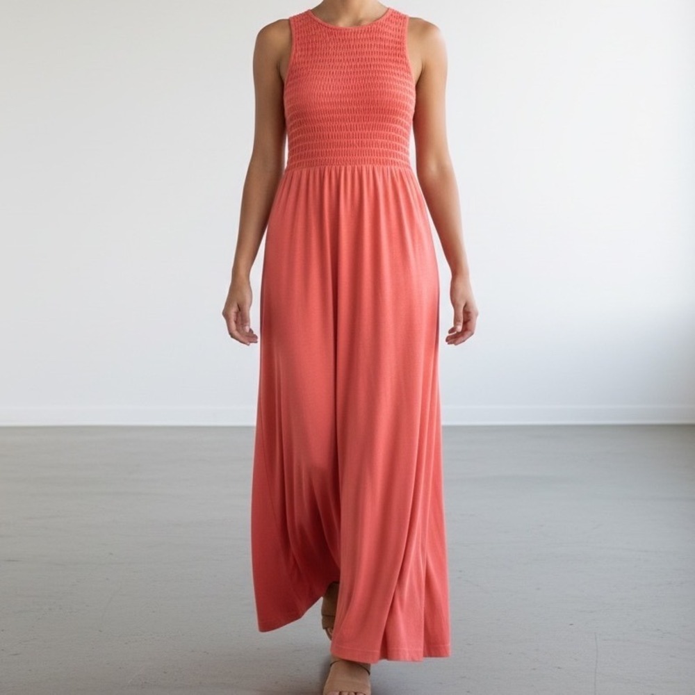 LOFT Coral Pink Smocked Bodice Maxi Dress Medium beach boho sun dress vacation